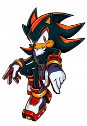 Size: 1422x2048 | Tagged: safe, artist:prolifkvelocity, shadow the hedgehog, hedgehog, 2026, bag, buckle, chest fluff, frown, looking at viewer, male, pointing, redesign, solo