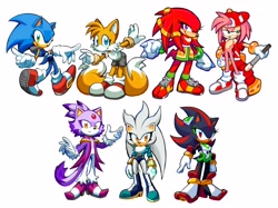 Size: 4096x3063 | Tagged: safe, artist:buttjavis, amy rose, blaze the cat, knuckles the echidna, miles "tails" prower, shadow the hedgehog, silver the hedgehog, sonic the hedgehog, 2025, cap, clothes, eyelashes, female, gender swap, group, hat, jacket, leotard, male, piko piko hammer, shirt, shorts, simple background, skirt, weapon, white background