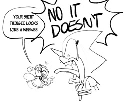 Size: 1378x1124 | Tagged: safe, artist:buttjavis, charmy bee, espio the chameleon, 2025, angry, english text, eyelashes, gender swap, laughing, line art, sharp teeth, shouting, shrunken pupils, simple background, speech bubble, text, tongue out, white background