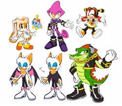Size: 2693x2331 | Tagged: safe, artist:buttjavis, charmy bee, cheese (chao), cream the rabbit, espio the chameleon, rouge the bat, vector the crocodile, chao, 2025, agender, arrow, belt, bow, chain, clothes, eyelashes, female, flying, gender swap, group, headphones, jacket, male, necklace, neutral chao, simple background, standing, tie, treads, white background, wink