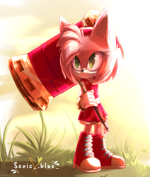 Size: 815x960 | Tagged: safe, artist:sonicblue333, amy rose, hedgehog, 2021, amybetes, boots, cute, daytime, dress, ear fluff, female, fluffy, gloves, grass, heart, holding something, looking offscreen, movie style, outdoors, piko piko hammer, signature, smile, solo, standing, style emulation