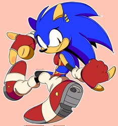 Size: 1919x2048 | Tagged: safe, artist:somebodystolemybread, sonic the hedgehog, hedgehog, 2026, crop top, ear piercing, earring, female, fingerless gloves, gloves, leg warmers, looking at viewer, outline, pink background, pointing, posing, shoes, shorts, simple background, smile, smiling at viewer, socks, solo, trans female, trans girl sonic, transgender, treads