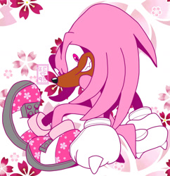 Size: 1280x1323 | Tagged: safe, artist:savannahcason, knuckles the echidna, echidna, 2023, alternate eye color, cherry blossom petals, clenched fists, clenched teeth, color swap, dark skin, flower, gloves, looking at viewer, male, pink eyes, pink fur, pink shoes, shoes, smile, smiling at viewer, solo