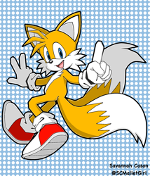 Size: 1749x2048 | Tagged: safe, artist:miguelb_32x, artist:savannahcason, miles "tails" prower, fox, 2021, backwards v sign, gloves, male, mouth open, open smile, pointing, posing, redraw, shoes, smile, smiling at each other, solo, treads, v sign