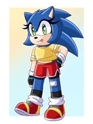 Size: 768x1024 | Tagged: safe, artist:xxleahencexx, sonic the hedgehog, hedgehog, 2022, alternate universe, bandaid, bandaid on knee, clothes, crop top, female, fingerless gloves, gender swap, gloves, hand on hip, looking at viewer, shirt, shoes, shorts, smile, socks, solo, standing, tongue out, treads