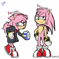 Size: 1280x1280 | Tagged: safe, artist:jthchannel, amy rose, hedgehog, 2026, bending over, clothes, coat, coffee, cup, duality, flat colors, gloves, hand on hip, heart chest, holding something, lidded eyes, looking at viewer, male, male symbol, ponytail, shoes, signature, simple background, smile, smiling at viewer, socks, solo, spanish text, standing, text, white background