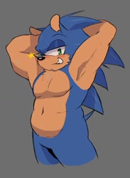 Size: 1079x1476 | Tagged: safe, artist:xokurde, sonic the hedgehog, hedgehog, 2026, abs, belly button, cheek fluff, chest fluff, chubby, clenched teeth, grey background, hands behind head, looking at viewer, male, simple background, smile, smiling at viewer, solo, standing, wink, winking at viewer