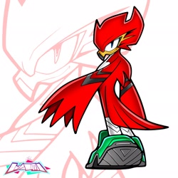 Size: 2048x2048 | Tagged: safe, artist:jordametric, oc, oc:bullet the falcon, bird, 2026, echo background, falcon, from behind, looking at viewer, looking back, looking back at viewer, male, oc only, shoes, signature, smile, smiling at viewer, solo, standing, style emulation, uekawa style