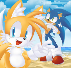 Size: 1280x1212 | Tagged: safe, artist:gumballoflegend, miles "tails" prower, sonic the hedgehog, fox, 2026, arm fluff, beach, cheek fluff, clenched teeth, daytime, duo, ear fluff, elbow fluff, eyelashes, gloves, male, mouth open, ocean, one fang, open smile, outdoors, sand, selfie, shoes, smile, socks, sparkles, v sign, water