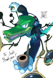 Size: 800x1164 | Tagged: safe, artist:secretter_zgwl, vector the crocodile, crocodile, commission, cosplay, english text, fate (series), holding something, jacket, looking at viewer, male, pipe, sherlock holmes (fate), simple background, solo, white background