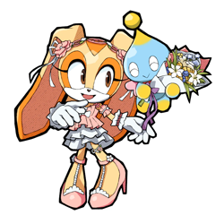 Size: 800x800 | Tagged: safe, artist:secretter_zgwl, cheese (chao), cream the rabbit, chao, rabbit, alternate outfit, alternate version, bouquet, commission, dress, duo, eyes closed, female, flower, high heels, holding something, looking at them, mouth open, neutral chao, simple background, smile, standing, white background