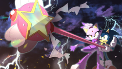 Size: 800x450 | Tagged: safe, artist:secretter_zgwl, sonic the hedgehog, cat, hedgehog, commission, duo, electricity, female, holding something, magical girl, male, mouth open, standing, star (symbol), wand