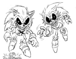 Size: 1004x788 | Tagged: safe, artist:buttjavis, robotnik, sonic the hedgehog, oc, oc:lord x, oc:sonic.exe, hedgehog, human, 2026, black sclera, duality, duo, goggles, looking at viewer, male, messy hair, scar, sharp teeth, simple background, smile, white background