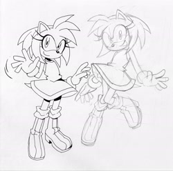 Size: 2048x2028 | Tagged: safe, artist:buttjavis, amy rose, hedgehog, 2026, clothes, dress, duality, female, grey background, line art, monochrome, simple background, smile, solo, waving