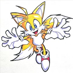 Size: 996x995 | Tagged: safe, artist:navy_2k, miles "tails" prower, fox, 2026, male, reaching out, simple background, smile, solo, sonic advance, white background