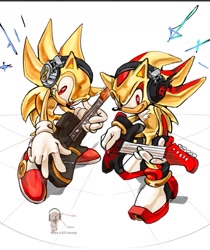 Size: 865x1029 | Tagged: safe, artist:cristiaanmihaii, shadow the hedgehog, sonic the hedgehog, super shadow, super sonic, dog, hedgehog, 2026, arrow, backwards v sign, duo, english text, guitar, headphones, holding something, looking at viewer, male, musical instrument, shadow's logo, simple background, smile, smiling at viewer, super form, text, v sign, white background