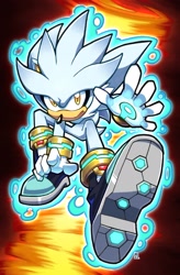 Size: 1347x2048 | Tagged: safe, artist:rikoandtako, silver the hedgehog, hedgehog, sonic the hedgehog (2006), 2026, abstract background, crisis city, frown, looking at viewer, male, psychokinesis, reaching out, reaching towards the viewer, solo, tornado, treads