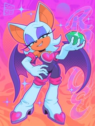 Size: 1536x2048 | Tagged: safe, artist:soomsedi, rouge the bat, bat, 2026, abstract background, chaos emerald, character name, english text, eyelashes, female, hand on hip, holding something, lidded eyes, looking at viewer, signature, smile, smiling at viewer, solo, sparkles, standing, text