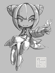 Size: 657x864 | Tagged: safe, artist:sprx_fox, cosmo the seedrian, seedrian, 2026, ambiguous gender, bug, butterfly, eyelashes, female, grey background, greyscale, lidded eyes, literal animal, looking at something, monochrome, signature, simple background, sitting, smile, solo