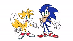 Size: 2048x1151 | Tagged: safe, artist:mercadex_8, miles "tails" prower, sonic the hedgehog, fox, hedgehog, 2026, duo, flat colors, hand on hip, looking at viewer, male, mouth open, open smile, smile, smiling at viewer, standing