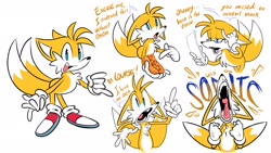 Size: 2048x1151 | Tagged: safe, artist:mercadex_8, miles "tails" prower, fox, 2026, chili dog, dialogue, english text, flat colors, floppy ears, food, frown, glasses, hand on head, holding something, looking at something, looking offscreen, male, mouth open, open smile, paper, pointing, shouting, simple background, smile, smiling at viewer, solo, standing, talking, text, white background