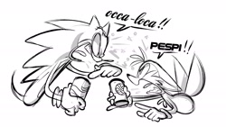 Size: 2048x1151 | Tagged: safe, artist:mercadex_8, miles "tails" prower, sonic the hedgehog, fox, hedgehog, 2026, argument, coca-cola, dialogue, drink, duo, english text, exclamation mark, floppy ears, holding something, line art, looking at each other, male, monochrome, pepsi, pointing, saliva, shouting, side view, simple background, sketch, soda, text, tongue out