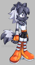Size: 794x1458 | Tagged: safe, artist:emthimofnight, oc, oc:calico the wolf, wolf, 2025, grey background, looking offscreen, magical lesbian spawn, nonbinary, oc only, one fang, parent:tangle, parent:whisper, parents:whispangle, signature, simple background, smile, solo, watermark