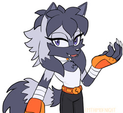 Size: 1312x1210 | Tagged: safe, artist:emthimofnight, oc, oc:calico the wolf, wolf, 2024, alternate universe, flat colors, looking at viewer, magical lesbian spawn, nonbinary, oc only, one fang, parent:tangle, parent:whisper, parents:whispangle, simple background, smile, solo, standing, white background