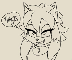 Size: 1076x905 | Tagged: safe, artist:emthimofnight, oc, oc:calico the wolf, wolf, 2024, alternate universe, ask response, dialogue, english text, fangs, fankid, heart, line art, looking offscreen, magical lesbian spawn, monochrome, nonbinary, parent:tangle, parent:whisper, parents:whispangle, smile, solo, speech bubble, talking, text, tumblr