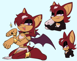 Size: 2048x1611 | Tagged: safe, artist:emthimofnight, oc, oc:jasper the bat, bat, 2025, alternate universe, blue background, clothes, cute, ear piercing, fangs, fankid, femboy, flat colors, hair, hair over one eye, kneeling, lidded eyes, looking at viewer, male, ocbetes, one fang, parent:knuckles, parent:rouge, parents:knuxouge, piercing, simple background, smile, smiling at viewer, solo, sparkles