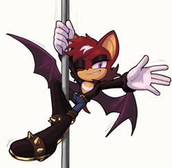 Size: 2048x2004 | Tagged: safe, artist:emthimofnight, oc, oc:jasper the bat, bat, 2025, alternate universe, dancing, fankid, grey background, holding something, looking at viewer, male, parent:knuckles, parent:rouge, parents:knuxouge, pole, pole dancing, simple background, smile, solo, wink
