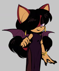 Size: 1306x1584 | Tagged: safe, artist:emthimofnight, oc, oc:jasper the bat, bat, 2025, bracelet, crossdressing, dress, fankid, femboy, fishnets, grey background, hair, hair over one eye, lidded eyes, lipstick, looking at viewer, male, oc only, one fang, pantyhose, parent:knuckles, parent:rouge, parents:knuxouge, simple background, smile, smiling at viewer, solo, standing, undercover, wings