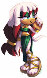 Size: 1419x2325 | Tagged: safe, artist:emthimofnight, oc, oc:jade the echidna, echidna, 2025, alternate universe, clothes, eyelashes, fankid, female, lidded eyes, looking back, looking offscreen, midriff, mouth open, oc only, open smile, parent:knuckles, parent:rouge, parents:knuxouge, simple background, smile, solo, standing, white background