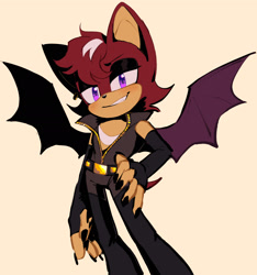 Size: 2048x2187 | Tagged: safe, artist:emthimofnight, oc, oc:jasper the bat, bat, 2024, alternate universe, belt, blushing, bodysuit, claws, fankid, hand on hip, lidded eyes, looking at viewer, male, parent:knuckles, parent:rouge, parents:knuxouge, simple background, smile, solo, vest, yellow background