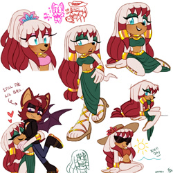 Size: 2000x2000 | Tagged: safe, artist:emthimofnight, knuckles the echidna, rouge the bat, oc, oc:jade the cat, oc:jasper the bat, bat, echidna, 2024, alternate universe, arrow, beach outfit, bikini, brother and sister, clothes, english text, fankid, female, flat colors, frown, group, hat, heart, hugging, knuckles' hat, lidded eyes, male, midriff, parent:knuckles, parent:rouge, parents:knuxouge, siblings, simple background, smile, solo focus, sun hat, sunglasses, text, white background