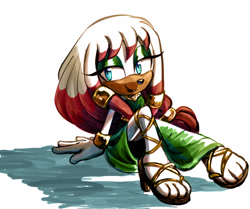 Size: 1658x1386 | Tagged: safe, artist:emthimofnight, oc, oc:jade the echidna, echidna, 2024, alternate universe, clothes, eyelashes, fankid, female, lidded eyes, looking at viewer, oc only, parent:knuckles, parent:rouge, parents:knuxouge, shadow (lighting), simple background, sitting, smile, smiling at viewer, solo, white background