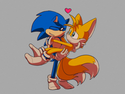 Size: 4000x3000 | Tagged: safe, artist:zuea, miles "tails" prower, sonic the hedgehog, fox, hedgehog, carrying them, duo, eyes closed, gay, grey background, heart, holding each other, looking at them, male, shipping, shoes off, simple background, smile, sonic x tails, standing