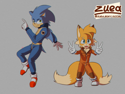 Size: 4000x3000 | Tagged: safe, artist:zuea, miles "tails" prower, sonic the hedgehog, fox, hedgehog, clothes, double v sign, duo, fur markings, grey background, looking at viewer, male, mid-air, pointing, redesign, signature, simple background, smile, smiling at viewer, standing, tracksuit, v sign, zip