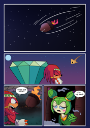Size: 2480x3508 | Tagged: safe, artist:kitare, cosmo the seedrian, knuckles the echidna, echidna, seedrian, comic:sonic world travel, acorn, alien, angel island, au:sonic world travel, headband, master emerald, red power pattern, spaceship