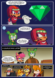 Size: 2480x3508 | Tagged: safe, artist:kitare, cosmo the seedrian, knuckles the echidna, lady alicia acorn, robotnik, oc, oc:mayor roo, chipmunk, echidna, fox, human, seedrian, squirrel, comic:sonic world travel, alien, angel island, courtroom, crown, headband, kangaroo, marriage ring, master emerald, nigel acorn, red power pattern, ring