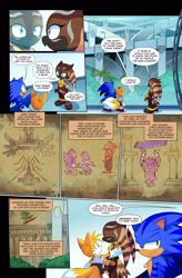 Size: 1626x2480 | Tagged: safe, artist:drawloverlala, longclaw, miles "tails" prower, sonic the hedgehog, echidna, fox, hedgehog, hybrid, owl, comic:sonic world travel, alien, babylon guardian, blue power pattern, extreme gear, gray power pattern, jungle, kitsune, racetrack, reflection, ring, yellow power pattern