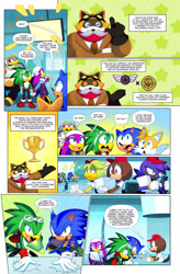 Size: 1626x2480 | Tagged: safe, artist:drawloverlala, dodon pa, jet the hawk, miles "tails" prower, sonic the hedgehog, storm the albatross, wave the swallow, albatross, bird, fox, hedgehog, hybrid, swallow, comic:sonic world travel, babylon rogues, babylon rogues logo, blue power pattern, extreme gear, goggles, hawk, kitsune, paperwork, tanuki, trophy, yellow power pattern