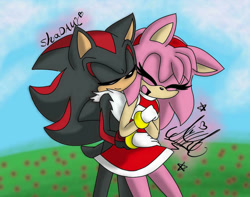 Size: 1024x808 | Tagged: safe, artist:jyllhedgehog367, amy rose, shadow the hedgehog, hedgehog, 2017, amy x shadow, amybetes, chest fluff, clothes, clouds, cute, daytime, dress, duo, eyes closed, female, field, flower, grass, heart, hugging, hugging from behind, male, mouth open, neck fluff, open smile, outdoors, shadowbetes, shipping, signature, smile, standing, star (symbol), straight