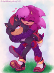 Size: 1280x1732 | Tagged: safe, artist:jyllhedgehog367, shadow the hedgehog, sonia the hedgehog, hedgehog, 2023, crack shipping, duo, eyes closed, female, grass, heart, holding each other, looking at them, male, mouth open, one eye closed, open smile, riding on back, shadonia, shadowbetes, signature, simple background, smile, soniabetes, standing, straight, white background
