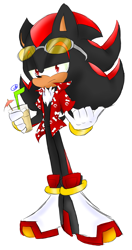 Size: 985x1865 | Tagged: safe, artist:zone-vibes, shadow the hedgehog, hedgehog, 2017, beach outfit, chest fluff, cup, drink, eyewear on head, frown, holding something, lidded eyes, looking at viewer, male, open shirt, phone sign, shirt, simple background, solo, standing, straw, sunglasses, white background