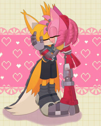 Size: 1280x1600 | Tagged: safe, artist:sonikku1999, amy rose, miles "tails" prower, nine, rusty rose, fox, hedgehog, sonic prime, 2024, amy x nine, amy x tails, cyborg, duo, eyes closed, female, hand on face, holding each other, male, nine x rusty rose, robot, rusty rose x tails, shipping, smile, straight