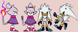 Size: 2391x981 | Tagged: safe, artist:knockabiller, blaze the cat, silver the hedgehog, cat, hedgehog, 2025, blue sclera, chest fluff, classic blaze, classic silver, clothes, duality, duo, female, fire, flat colors, frown, looking at viewer, looking offscreen, male, mid-air, pink background, poncho, simple background, standing