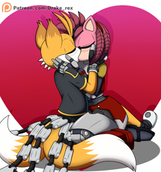 Size: 1700x1817 | Tagged: safe, artist:drake-rex, amy rose, miles "tails" prower, nine, rusty rose, fox, hedgehog, sonic prime, 2024, amy x nine, blushing, cyborg, duo, eyes closed, female, heart, holding each other, kiss, kiss on lips, kneeling, male, nine x rusty rose, patreon, robot, rusty rose x tails, shipping, signature, straight