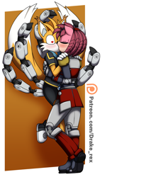 Size: 1700x2000 | Tagged: safe, artist:drake-rex, amy rose, miles "tails" prower, nine, rusty rose, fox, hedgehog, sonic prime, 2024, against wall, amy x tails, blushing, cyborg, duo, eyes closed, female, heart, heart eyes, height difference, holding each other, kiss, looking at them, male, nine x rusty rose, patreon, pinning them, robot, rusty rose x tails, shipping, signature, standing, straight, surprise kiss, surprised