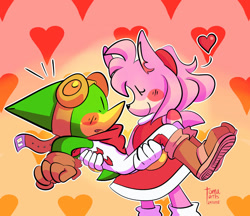 Size: 1280x1108 | Tagged: safe, artist:tomaturtles, amy rose, speedy, hedgehog, 2018, amy x speedy, amybetes, bandana, blushing, boots, bridal carry, carrying them, clothes, crack shipping, cute, dress, duo, ear fluff, female, gloves, goggles, heart, kukku, looking at each other, male, outline, shipping, signature, smile, speedybetes, standing, straight, surprised, treads